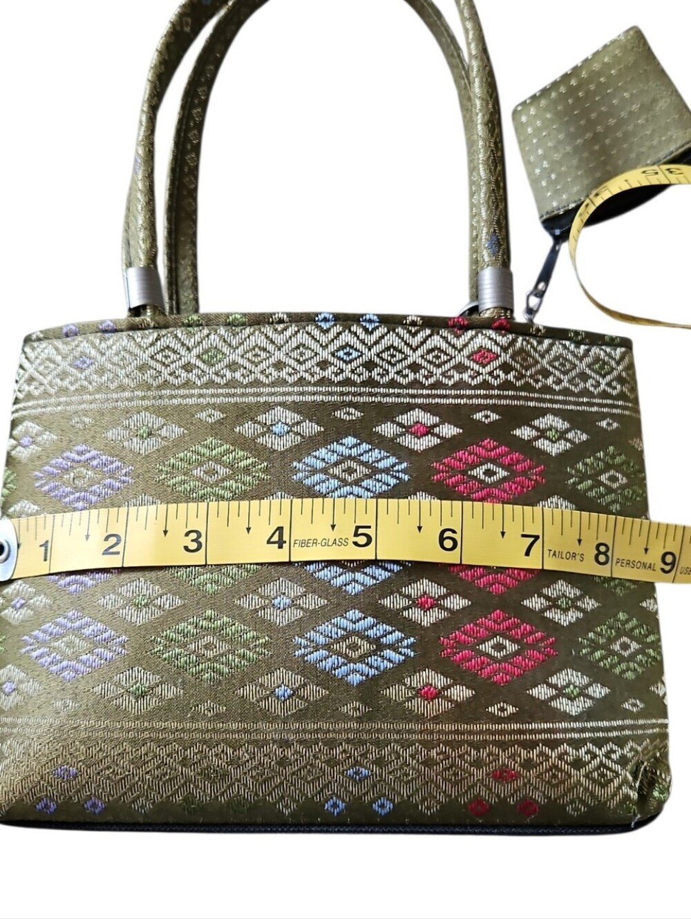 Thai Silk Brocade Handbag Gold Diamond Weave Top Handle Evening Bag - Picture 3 of 6